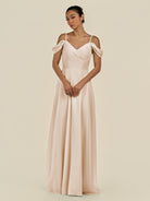 KissDress-Elvani Pale Blush A Line Chiffon Off the Shoulder Long Bridesmaid Dress with Pleats