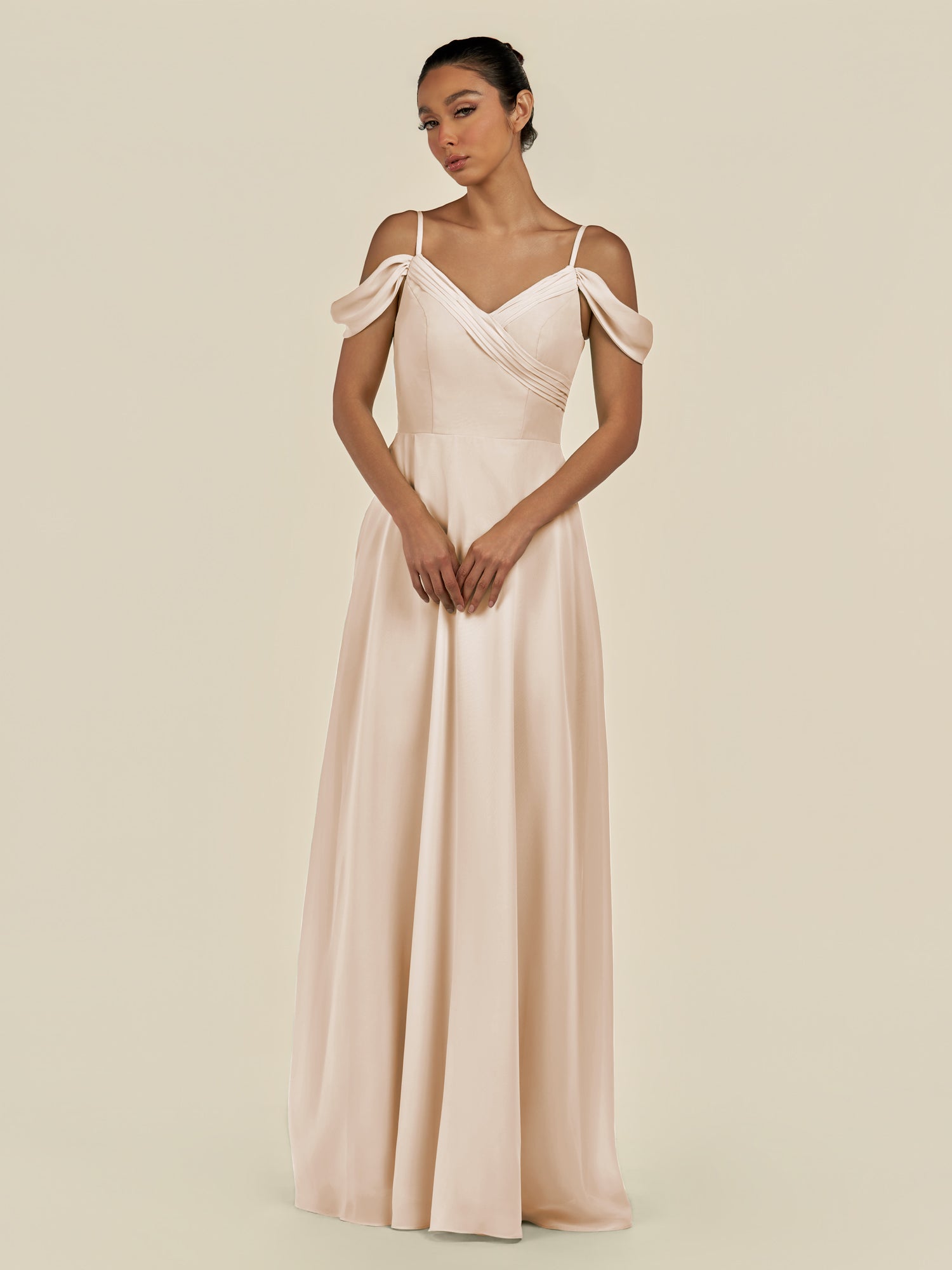 KissDress-Elvani Pale Blush A Line Chiffon Off the Shoulder Long Bridesmaid Dress with Pleats