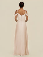 KissDress-Elvani Pale Blush A Line Chiffon Off the Shoulder Long Bridesmaid Dress with Pleats