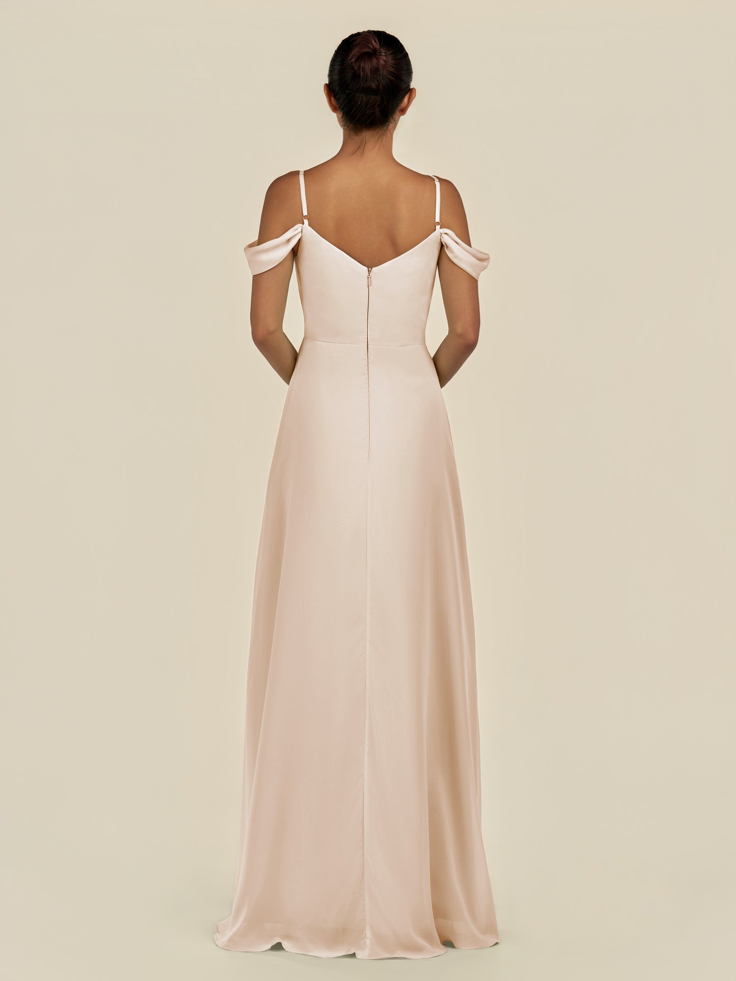 KissDress-Elvani Pale Blush A Line Chiffon Off the Shoulder Long Bridesmaid Dress with Pleats