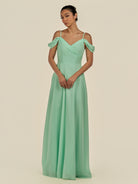 KissDress-Elvani Pale Pistachio A Line Chiffon Off the Shoulder Long Bridesmaid Dress with Pleats