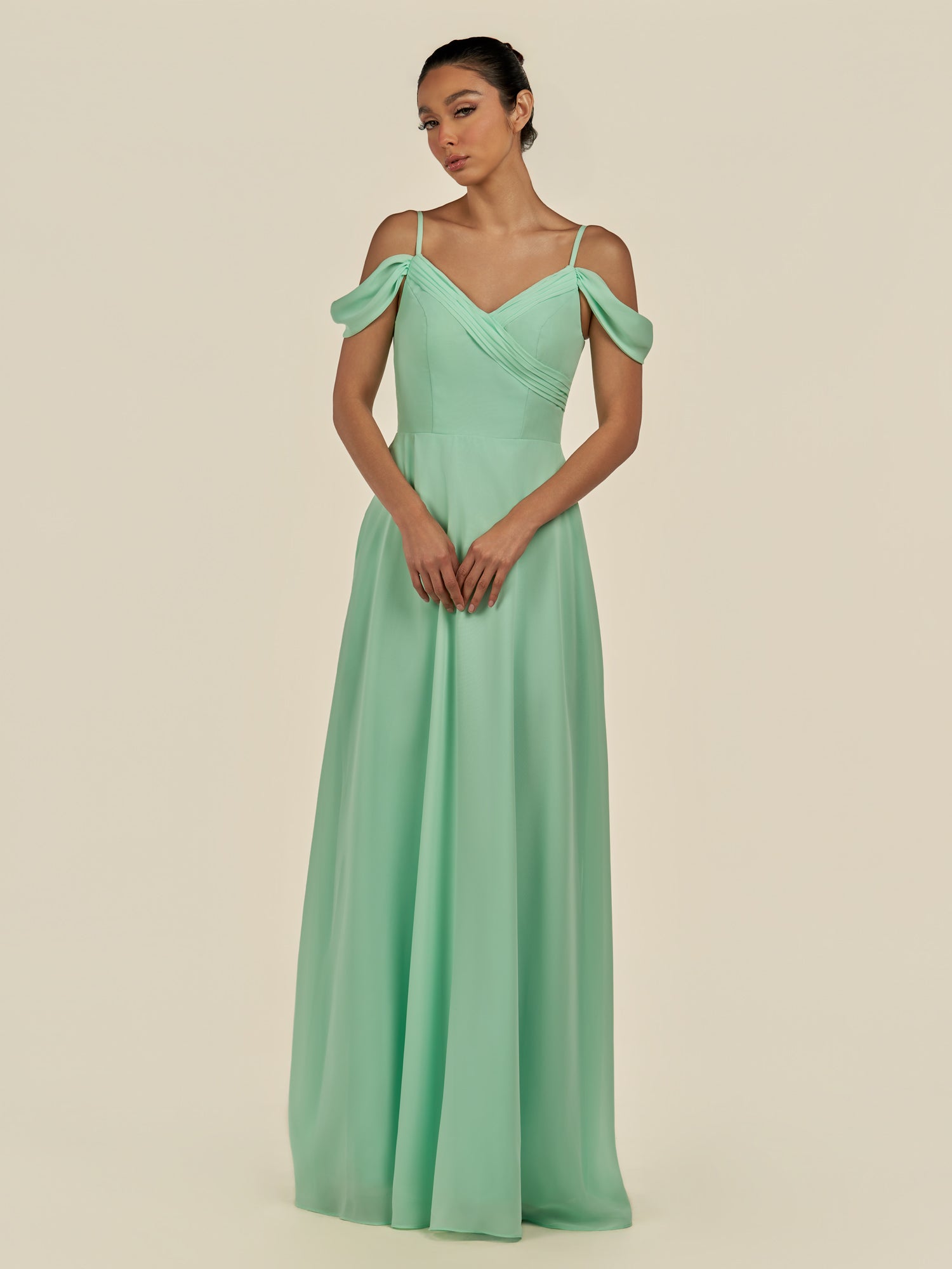 KissDress-Elvani Pale Pistachio A Line Chiffon Off the Shoulder Long Bridesmaid Dress with Pleats