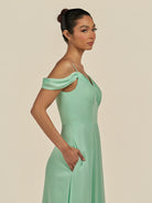 KissDress-Elvani Pale Pistachio A Line Chiffon Off the Shoulder Long Bridesmaid Dress with Pleats