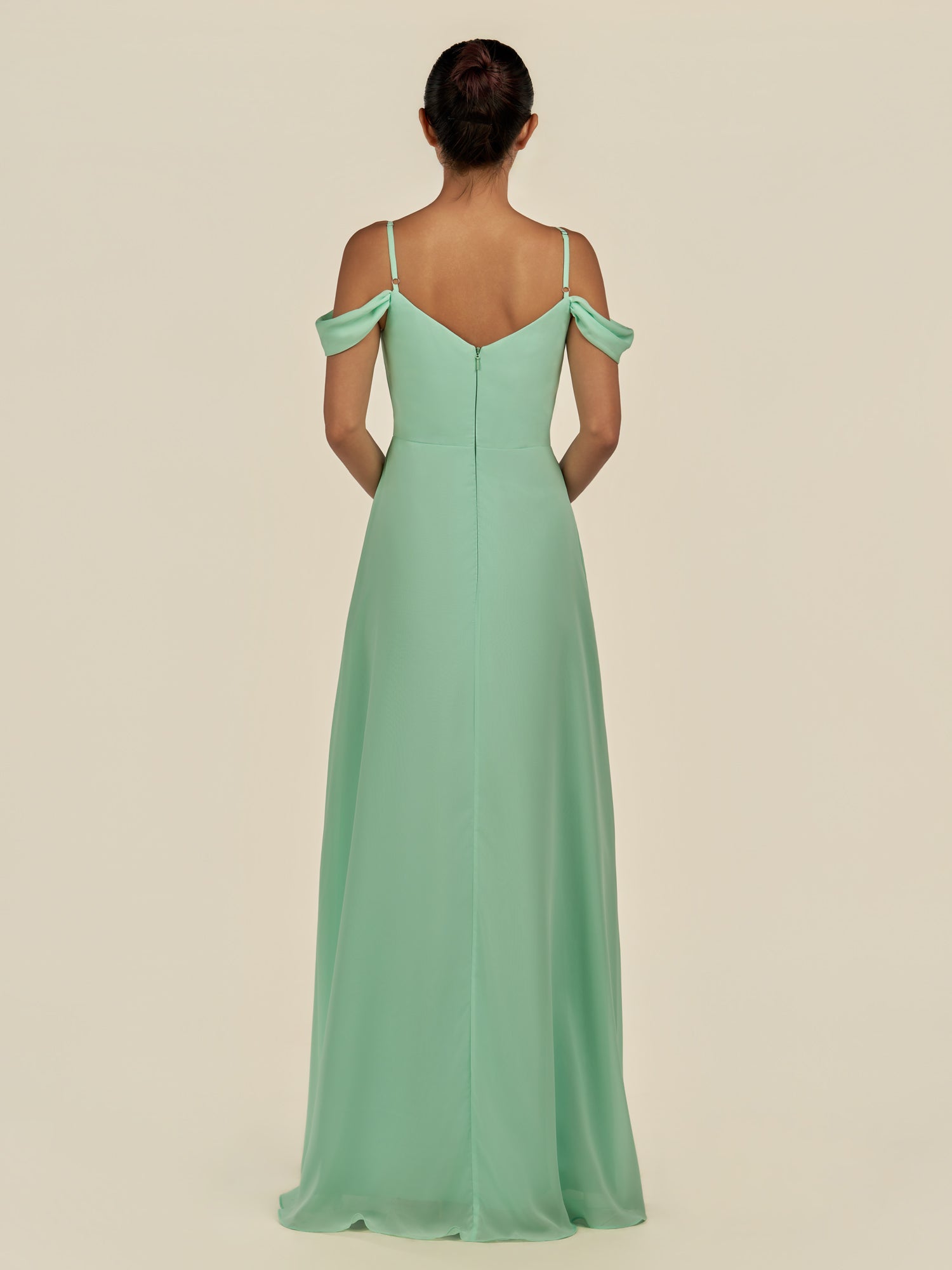 KissDress-Elvani Pale Pistachio A Line Chiffon Off the Shoulder Long Bridesmaid Dress with Pleats