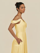 KissDress-Elvani Pastel Yellow A Line Chiffon Off the Shoulder Long Bridesmaid Dress with Pleats