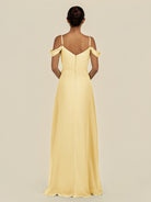 KissDress-Elvani Pastel Yellow A Line Chiffon Off the Shoulder Long Bridesmaid Dress with Pleats