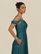 KissDress-Elvani Pine A Line Chiffon Off the Shoulder Long Bridesmaid Dress with Pleats