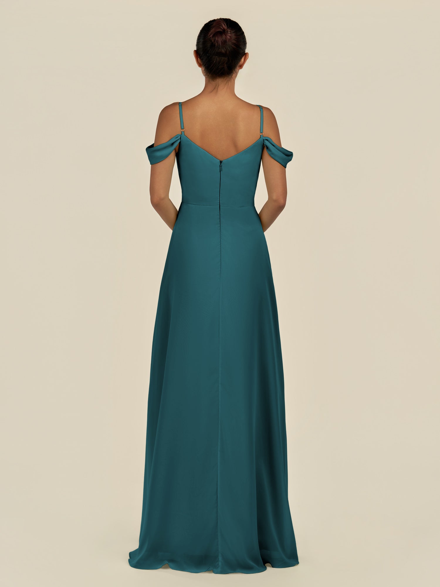 KissDress-Elvani Pine A Line Chiffon Off the Shoulder Long Bridesmaid Dress with Pleats