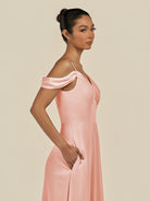 KissDress-Elvani Rose Petal A Line Chiffon Off the Shoulder Long Bridesmaid Dress with Pleats