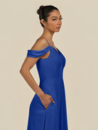 KissDress-Elvani Royal Blue A Line Chiffon Off the Shoulder Long Bridesmaid Dress with Pleats