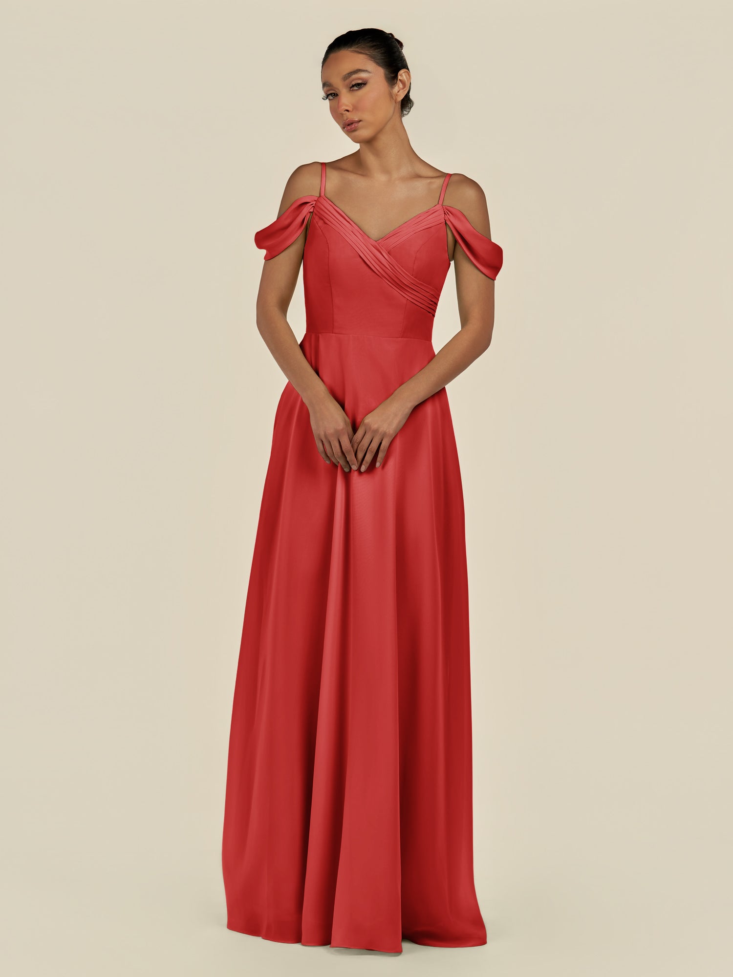 KissDress-Elvani Ruby Red A Line Chiffon Off the Shoulder Long Bridesmaid Dress with Pleats