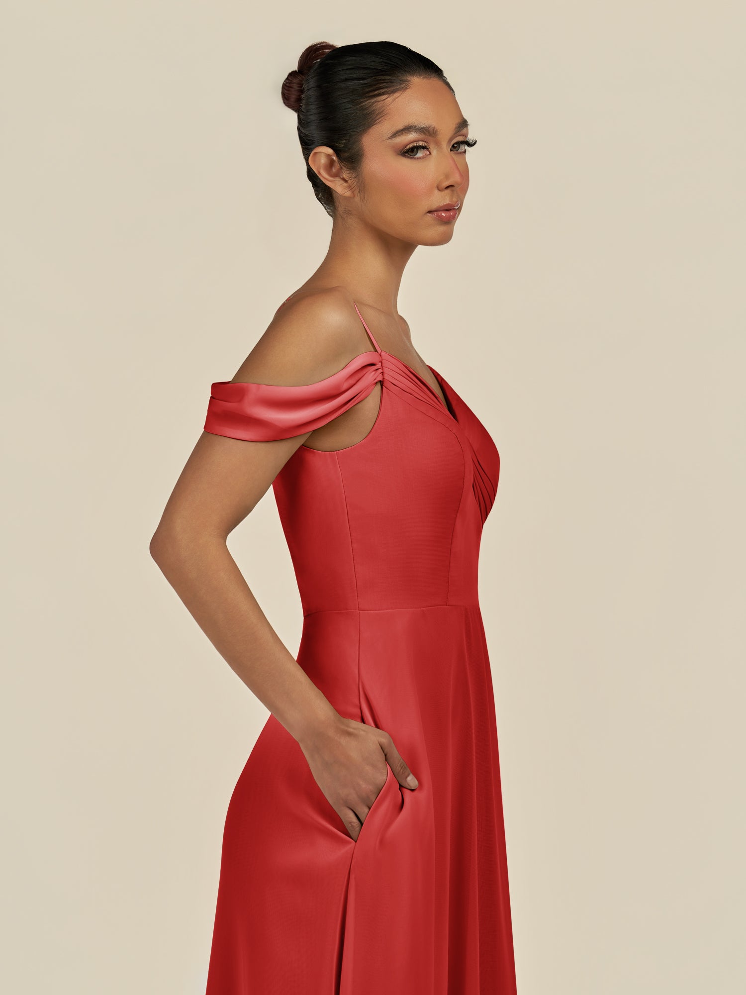 KissDress-Elvani Ruby Red A Line Chiffon Off the Shoulder Long Bridesmaid Dress with Pleats