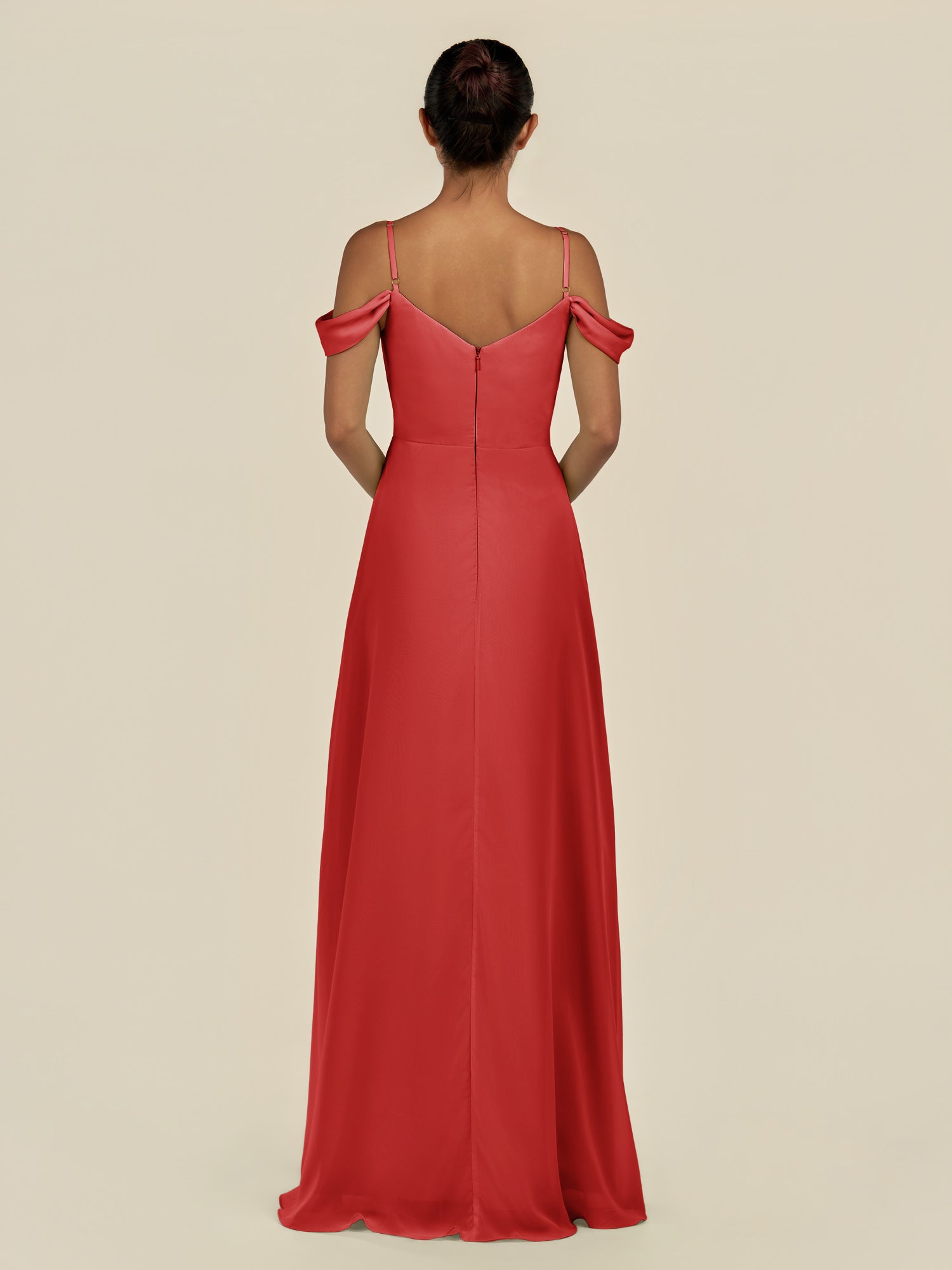 KissDress-Elvani Ruby Red A Line Chiffon Off the Shoulder Long Bridesmaid Dress with Pleats