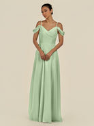 KissDress-Elvani Sage A Line Chiffon Off the Shoulder Long Bridesmaid Dress with Pleats