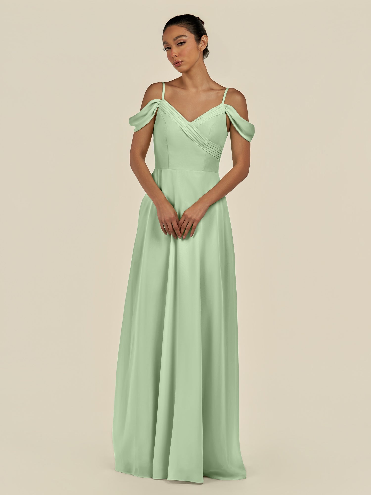KissDress-Elvani Sage A Line Chiffon Off the Shoulder Long Bridesmaid Dress with Pleats