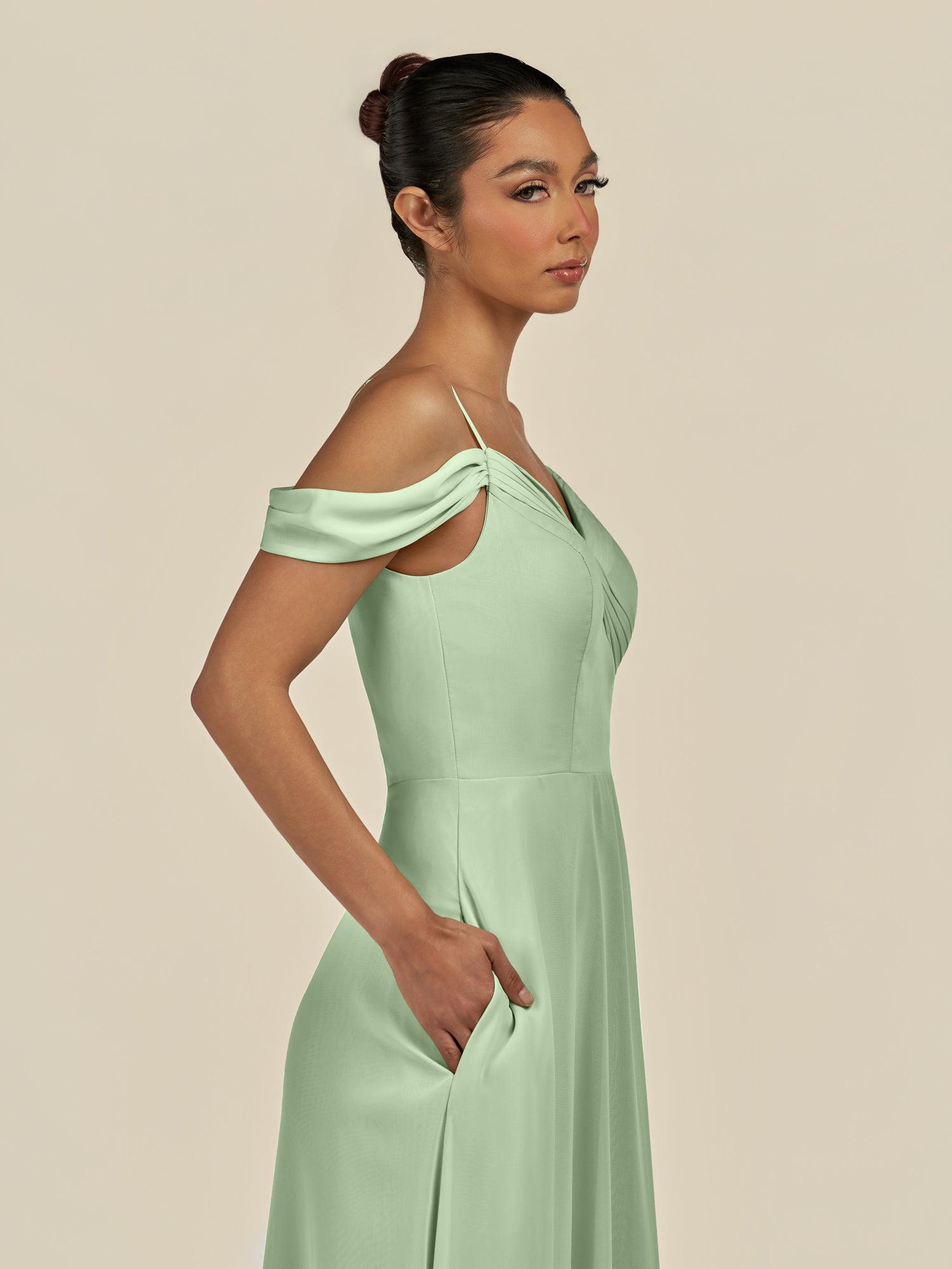 KissDress-Elvani Sage A Line Chiffon Off the Shoulder Long Bridesmaid Dress with Pleats