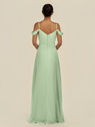 KissDress-Elvani Sage A Line Chiffon Off the Shoulder Long Bridesmaid Dress with Pleats
