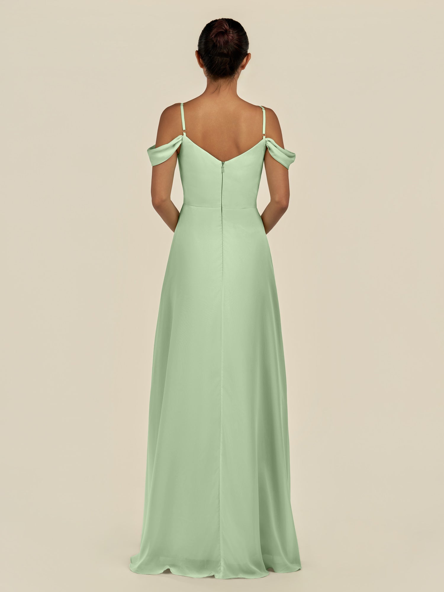 KissDress-Elvani Sage A Line Chiffon Off the Shoulder Long Bridesmaid Dress with Pleats