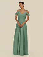 KissDress-Elvani Sea Glass A Line Chiffon Off the Shoulder Long Bridesmaid Dress with Pleats