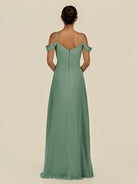 KissDress-Elvani Sea Glass A Line Chiffon Off the Shoulder Long Bridesmaid Dress with Pleats