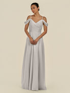 KissDress-Elvani Silver A Line Chiffon Off the Shoulder Long Bridesmaid Dress with Pleats