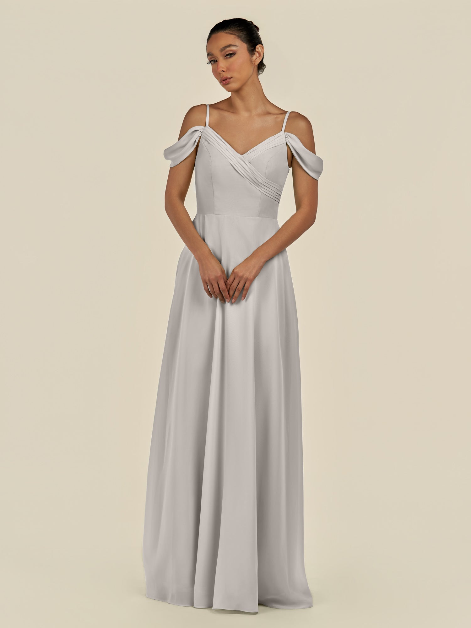 KissDress-Elvani Silver A Line Chiffon Off the Shoulder Long Bridesmaid Dress with Pleats