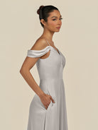 KissDress-Elvani Silver A Line Chiffon Off the Shoulder Long Bridesmaid Dress with Pleats