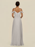 KissDress-Elvani Silver A Line Chiffon Off the Shoulder Long Bridesmaid Dress with Pleats