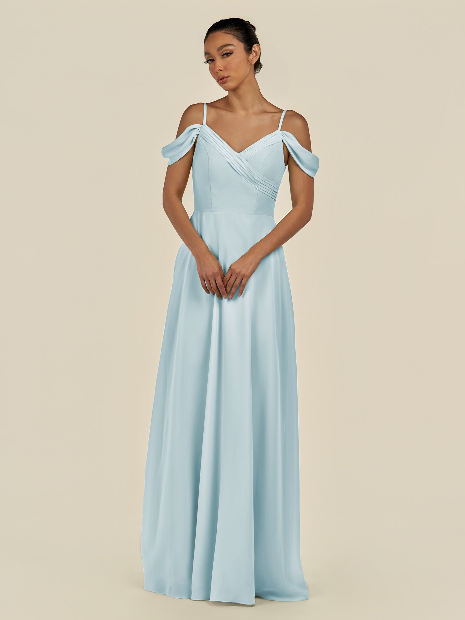 KissDress-Elvani Sky Blue A Line Chiffon Off the Shoulder Long Bridesmaid Dress with Pleats