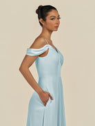 KissDress-Elvani Sky Blue A Line Chiffon Off the Shoulder Long Bridesmaid Dress with Pleats