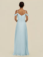 KissDress-Elvani Sky Blue A Line Chiffon Off the Shoulder Long Bridesmaid Dress with Pleats
