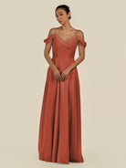 KissDress-Elvani Spice A Line Chiffon Off the Shoulder Long Bridesmaid Dress with Pleats