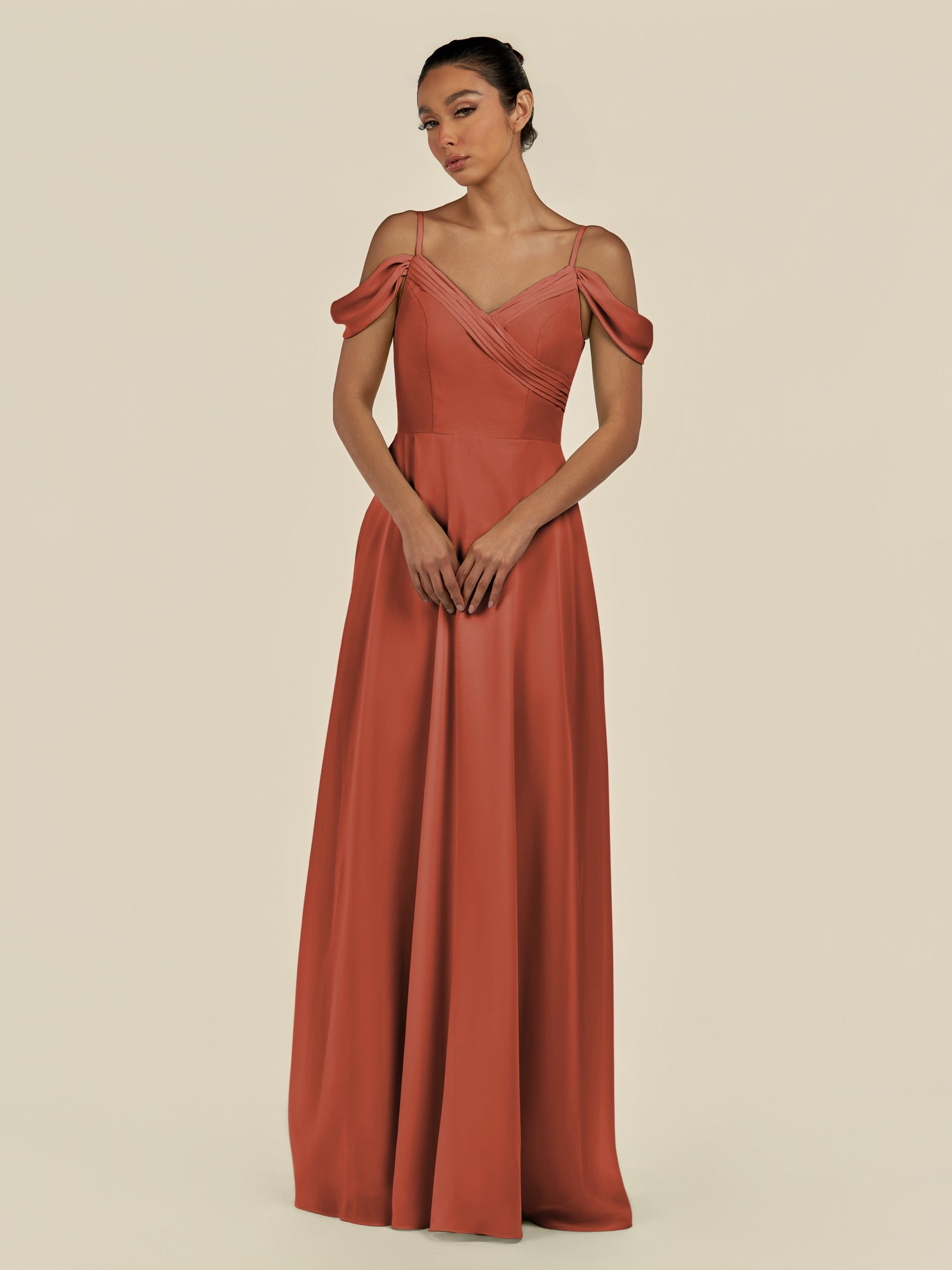 KissDress-Elvani Spice A Line Chiffon Off the Shoulder Long Bridesmaid Dress with Pleats