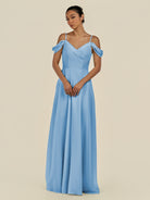 KissDress-Elvani Steel Blue A Line Chiffon Off the Shoulder Long Bridesmaid Dress with Pleats