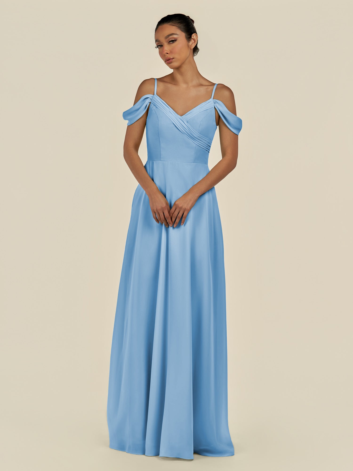 KissDress-Elvani Steel Blue A Line Chiffon Off the Shoulder Long Bridesmaid Dress with Pleats