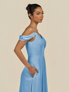KissDress-Elvani Steel Blue A Line Chiffon Off the Shoulder Long Bridesmaid Dress with Pleats