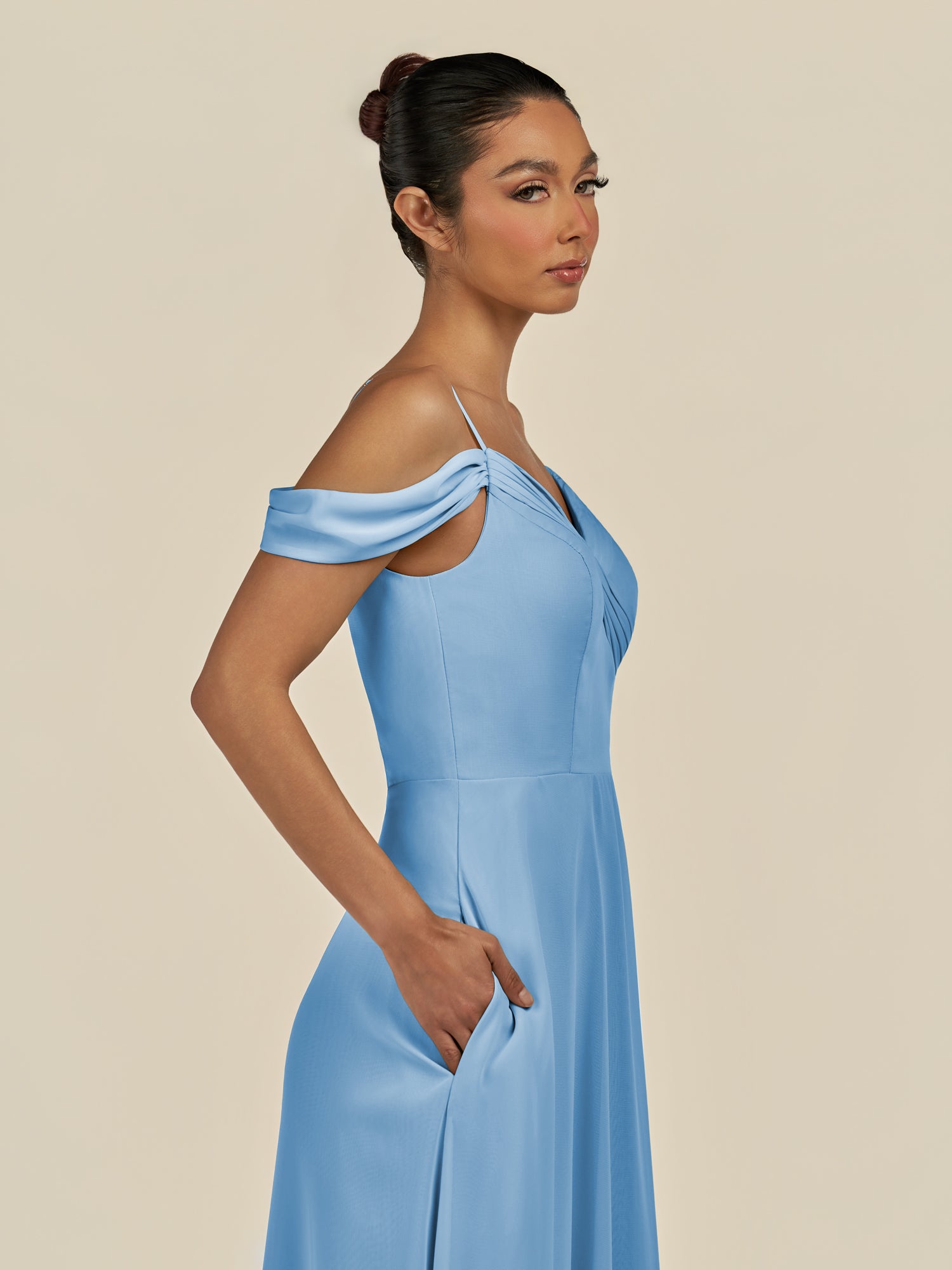 KissDress-Elvani Steel Blue A Line Chiffon Off the Shoulder Long Bridesmaid Dress with Pleats