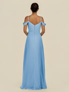 KissDress-Elvani Steel Blue A Line Chiffon Off the Shoulder Long Bridesmaid Dress with Pleats