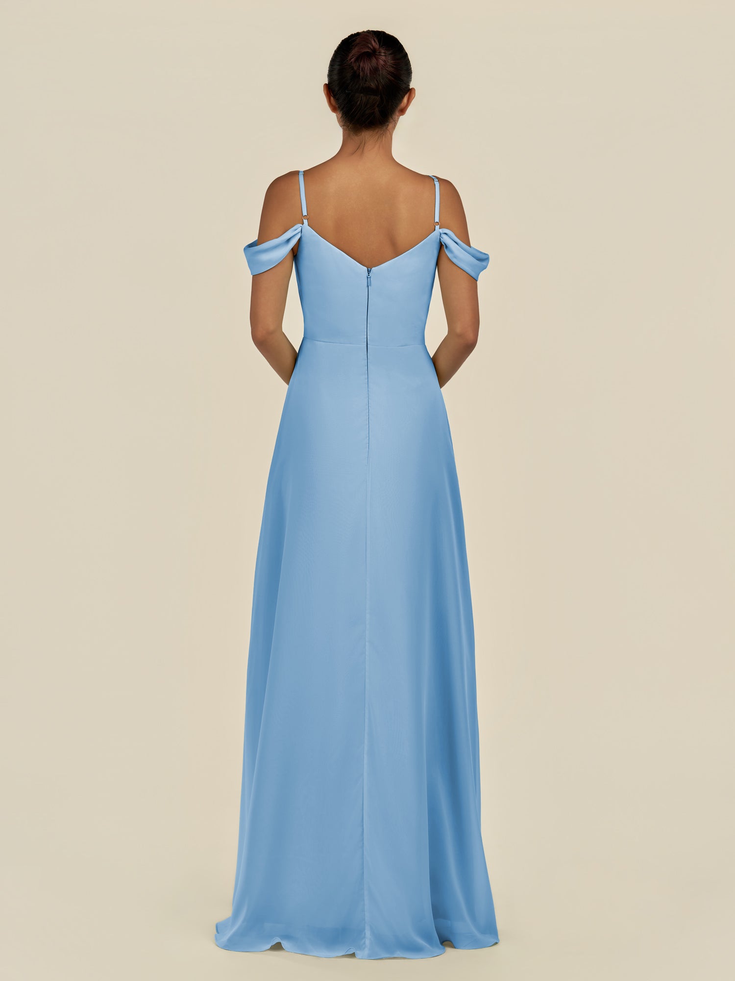 KissDress-Elvani Steel Blue A Line Chiffon Off the Shoulder Long Bridesmaid Dress with Pleats