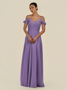 KissDress-Elvani Tahiti A Line Chiffon Off the Shoulder Long Bridesmaid Dress with Pleats