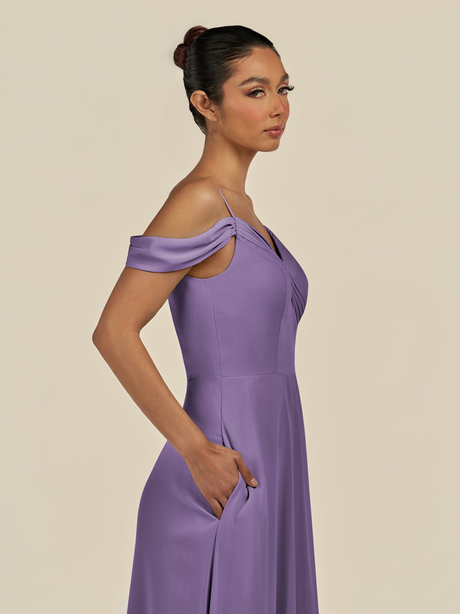KissDress-Elvani Tahiti A Line Chiffon Off the Shoulder Long Bridesmaid Dress with Pleats