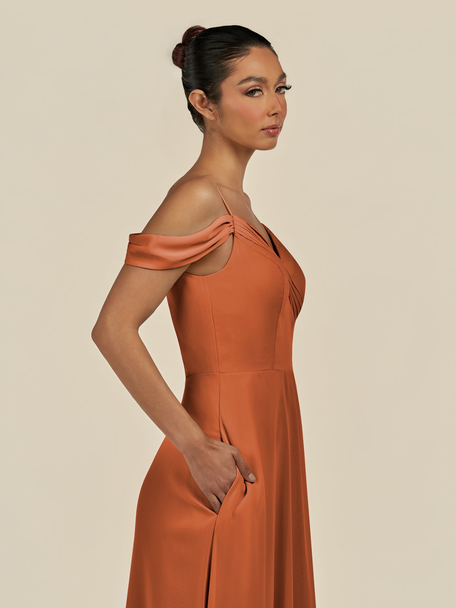 KissDress-Elvani Terracotta A Line Chiffon Off the Shoulder Long Bridesmaid Dress with Pleats