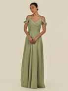 KissDress-Elvani Thyme A Line Chiffon Off the Shoulder Long Bridesmaid Dress with Pleats