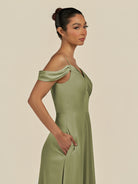 KissDress-Elvani Thyme A Line Chiffon Off the Shoulder Long Bridesmaid Dress with Pleats
