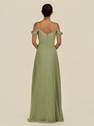 KissDress-Elvani Thyme A Line Chiffon Off the Shoulder Long Bridesmaid Dress with Pleats