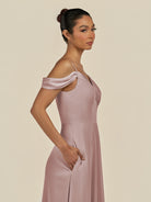 KissDress-Elvani Toffee A Line Chiffon Off the Shoulder Long Bridesmaid Dress with Pleats