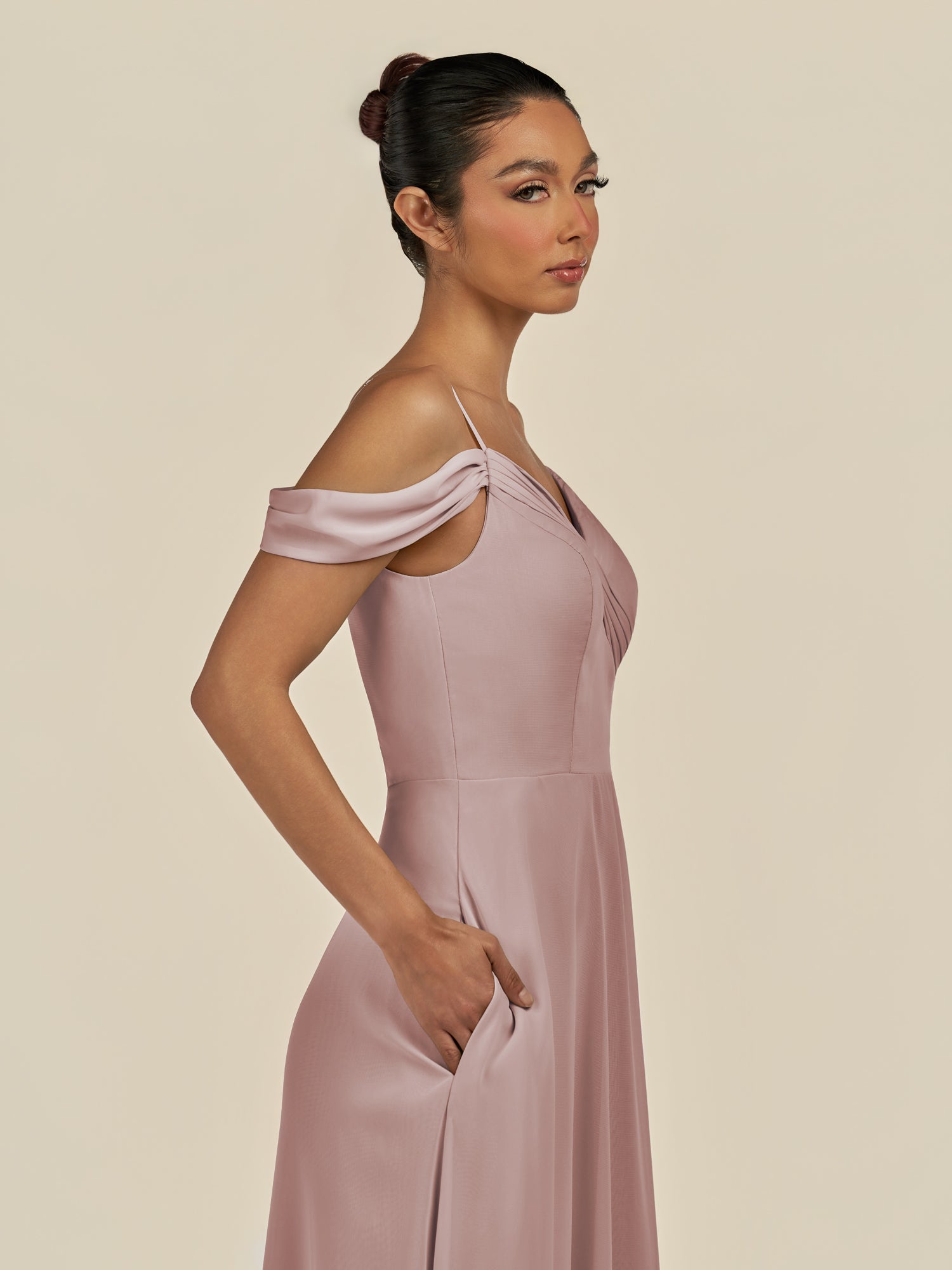 KissDress-Elvani Toffee A Line Chiffon Off the Shoulder Long Bridesmaid Dress with Pleats