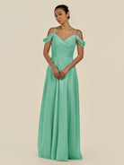 KissDress-Elvani Turquoise A Line Chiffon Off the Shoulder Long Bridesmaid Dress with Pleats