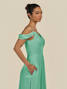 KissDress-Elvani Turquoise A Line Chiffon Off the Shoulder Long Bridesmaid Dress with Pleats