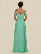 KissDress-Elvani Turquoise A Line Chiffon Off the Shoulder Long Bridesmaid Dress with Pleats